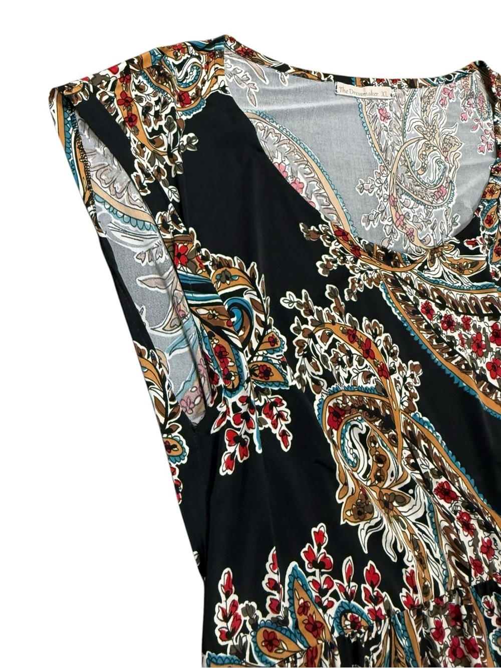 Boho Paisley Fit & Flare Midi Dress Navy Multi Colour Cap Sleeve Pockets Size XL - Picture 5 of 11